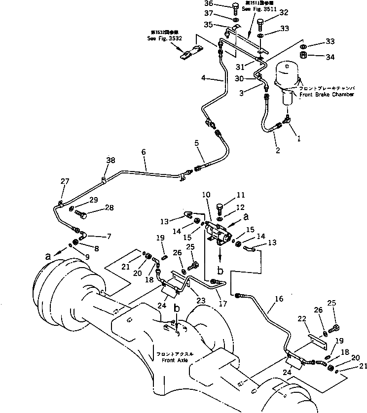Схема запчастей Komatsu WA350-1 - ТОРМОЗ. МАСЛОПРОВОДЯЩАЯ ЛИНИЯ (ПЕРЕДН. ТОРМОЗ.)(№-9999) ВЕДУЩ. ВАЛ¤ ДИФФЕРЕНЦ. И КОЛЕСА