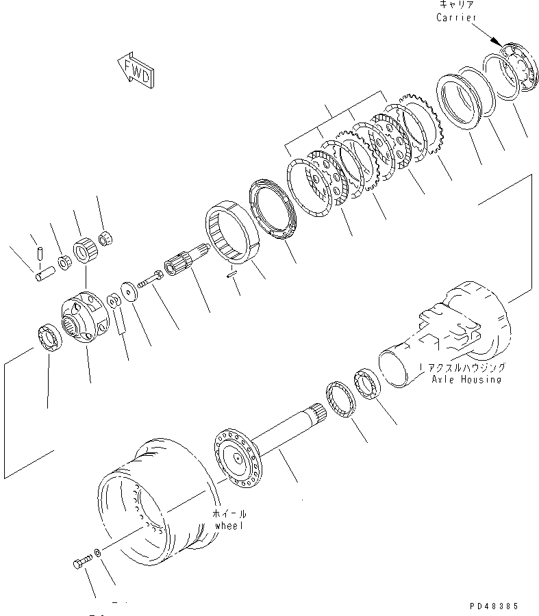 Схема запчастей Komatsu WA350-3-X - ПЕРЕДНИЕ ТОРМОЗА И КОНЕЧНАЯ ПЕРЕДАЧА(№-) ВЕДУЩ. ВАЛ¤ ДИФФЕРЕНЦ. И КОЛЕСА