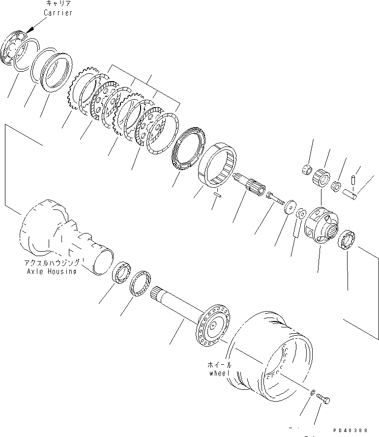 Схема запчастей Komatsu WA380-3 - ЗАДНИЕ ТОРМОЗА И КОНЕЧНАЯ ПЕРЕДАЧА(№-) ВЕДУЩ. ВАЛ¤ ДИФФЕРЕНЦ. И КОЛЕСА