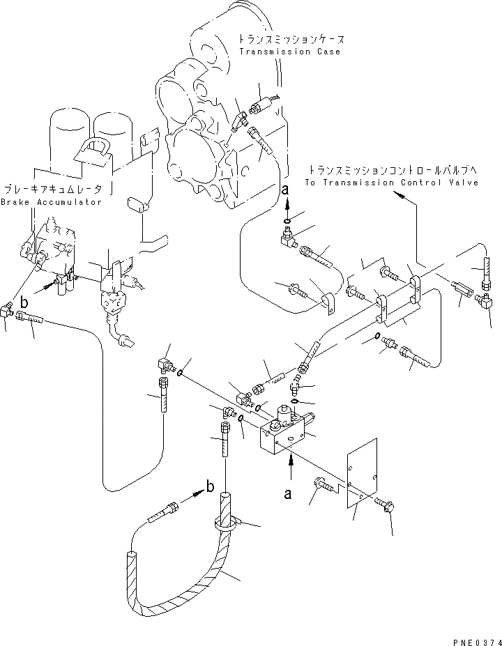 Схема запчастей Komatsu WA380-3 - ТОРМОЗ. МАСЛОПРОВОДЯЩАЯ ЛИНИЯ (ЛИНИЯ ВЫКЛЮЧЕНИЯ СТОЯНОЧНОГО ТОРМОЗА)(№-) ВЕДУЩ. ВАЛ¤ ДИФФЕРЕНЦ. И КОЛЕСА
