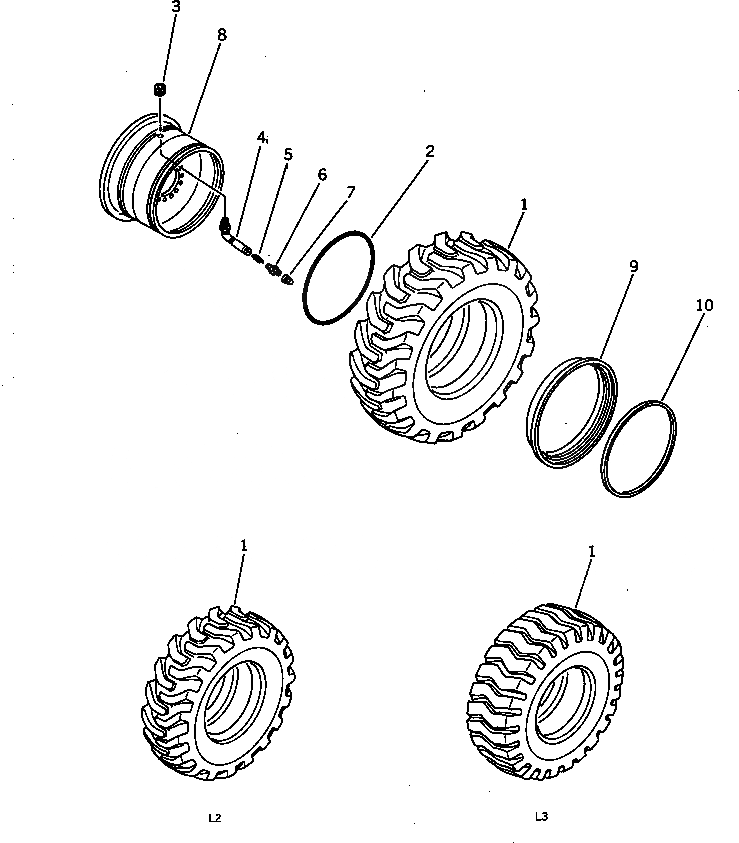 Схема запчастей Komatsu WA380-1 - КОЛЕСА И БЕСКАМЕРНЫЕ ШИНЫ ВЕДУЩ. ВАЛ¤ ДИФФЕРЕНЦ. И КОЛЕСА