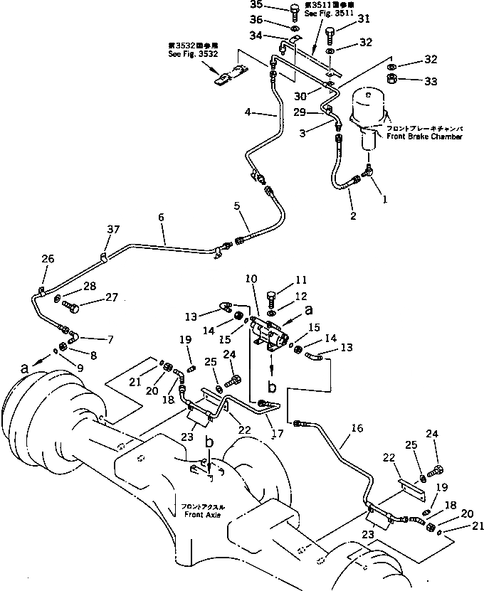 Схема запчастей Komatsu WA380-1 - ТОРМОЗ. МАСЛОПРОВОДЯЩАЯ ЛИНИЯ (ПЕРЕДН. ТОРМОЗ.)(№-9999) ВЕДУЩ. ВАЛ¤ ДИФФЕРЕНЦ. И КОЛЕСА