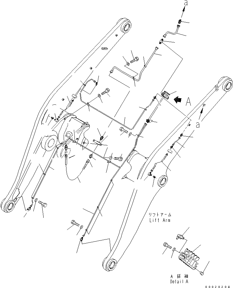 Схема запчастей Komatsu WA380-5 - УДАЛЕННАЯ СМАЗКА (РУКОЯТЬ BELL CRANK ЛИНИЯ) (С АВТОМАТИЧ. СМАЗКОЙ) ОСНОВНАЯ РАМА И ЕЕ ЧАСТИ