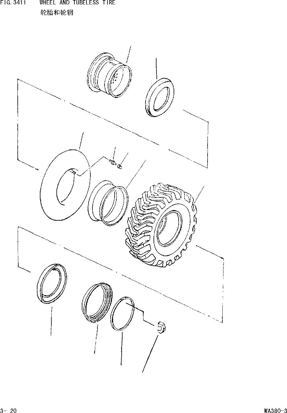 Схема запчастей Komatsu WA380-DZ-3 - КОЛЕСА И БЕСКАМЕРНЫЕ ШИНЫ [ВЕДУЩ. ВАЛ ДИФФЕРЕНЦ. И КОЛЕСА]