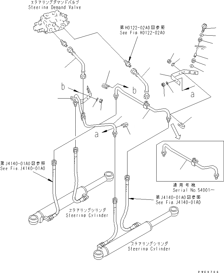 Схема запчастей Komatsu WA400-3A - ГИДРОЛИНИЯ РУЛЕВОГО УПРАВЛЕНИЯ (ЛИНИЯ ЦИЛИНДРА РУЛЕВ. УПР-Я) ГИДРАВЛИКА