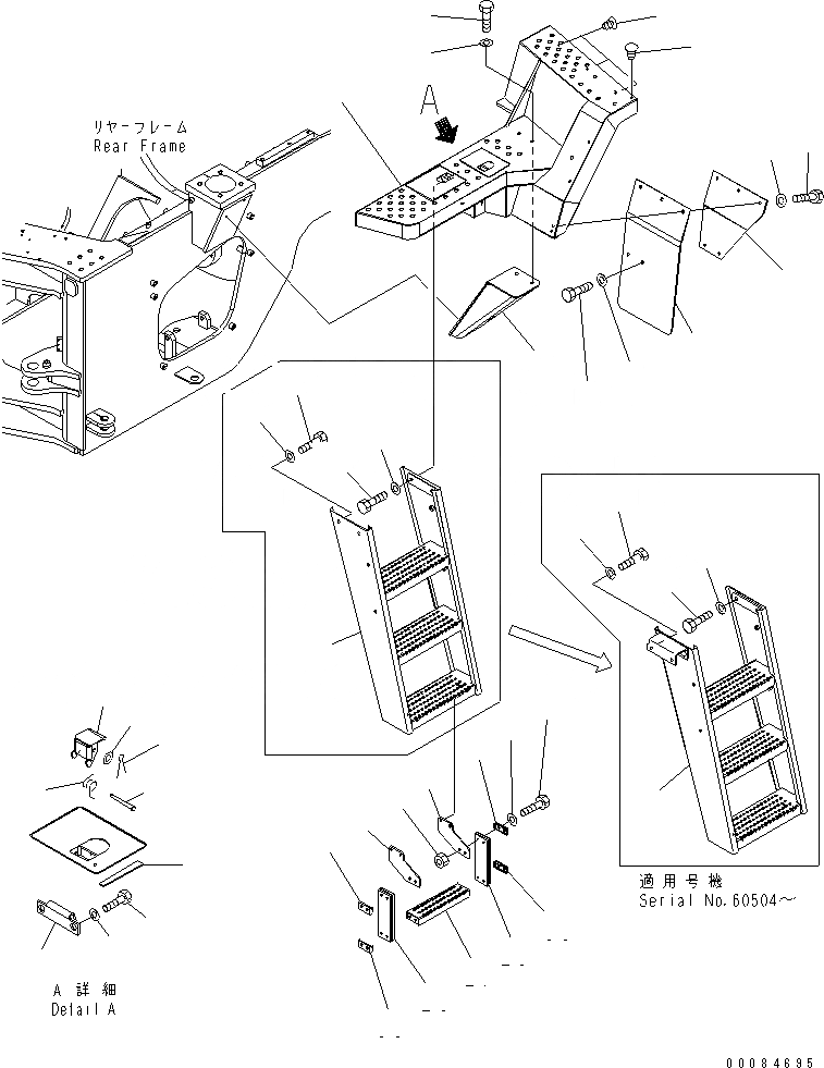 Схема запчастей Komatsu WA430-5 - ЛЕСТНИЦА (ПОЛ ЛЕВ.) (ДЛЯ АВТОМАТИЧ. СМАЗ.) ЧАСТИ КОРПУСА