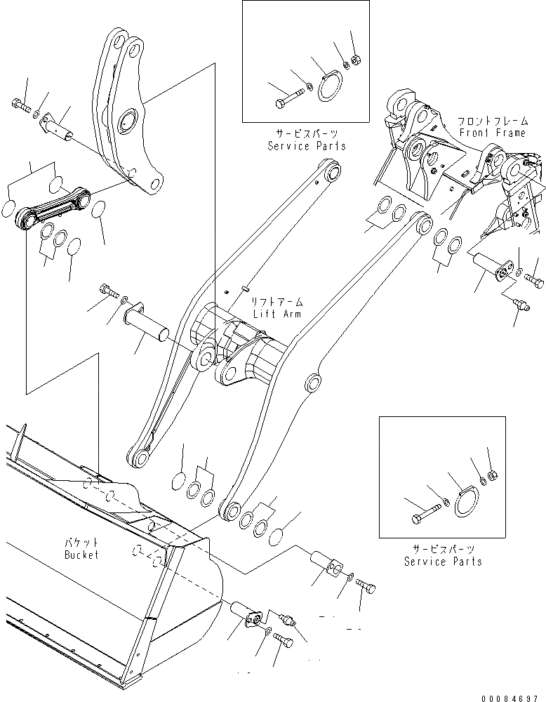 Схема запчастей Komatsu WA430-5 - РУКОЯТЬ И BELL CRANK (ЭЛЕМЕНТЫ КРЕПЛЕНИЯ) (ДЛЯ АВТОМАТИЧ. СМАЗ.)(№-7) РАБОЧЕЕ ОБОРУДОВАНИЕ
