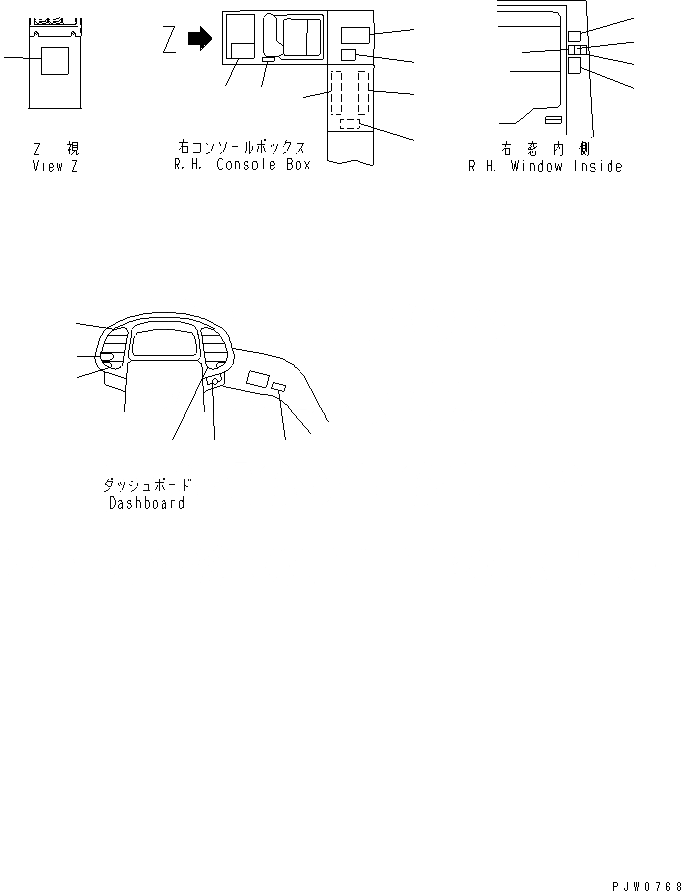 Схема запчастей Komatsu WA450-3A-TN - МАРКИРОВКА (ВНУТРИ КАБИНЫ) (ТУННЕЛЬН. СПЕЦ-Я.) (ДЛЯ ЯПОН.)(№7-) КАБИНА ОПЕРАТОРА И СИСТЕМА УПРАВЛЕНИЯ