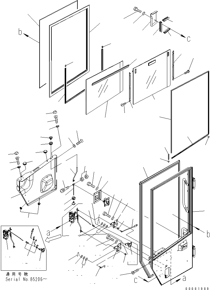 Схема запчастей Komatsu WA450-6 - КАБИНА ROPS (ДВЕРЬ ЛЕВ.) (/) КАБИНА ОПЕРАТОРА И СИСТЕМА УПРАВЛЕНИЯ