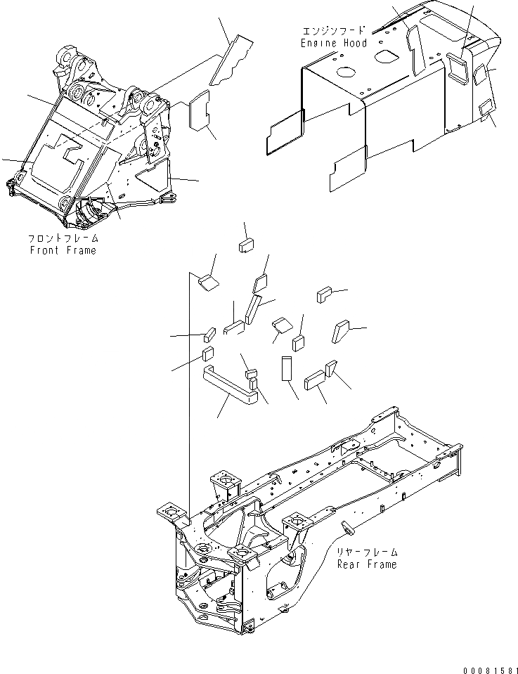 Схема запчастей Komatsu WA480-6 - БЛОКИР. ШАНГА И КРЫШКА(ЩИТКИ) (ДЛЯ АВТОМАТИЧ. СМАЗ.)(№9-) ОСНОВНАЯ РАМА И ЕЕ ЧАСТИ