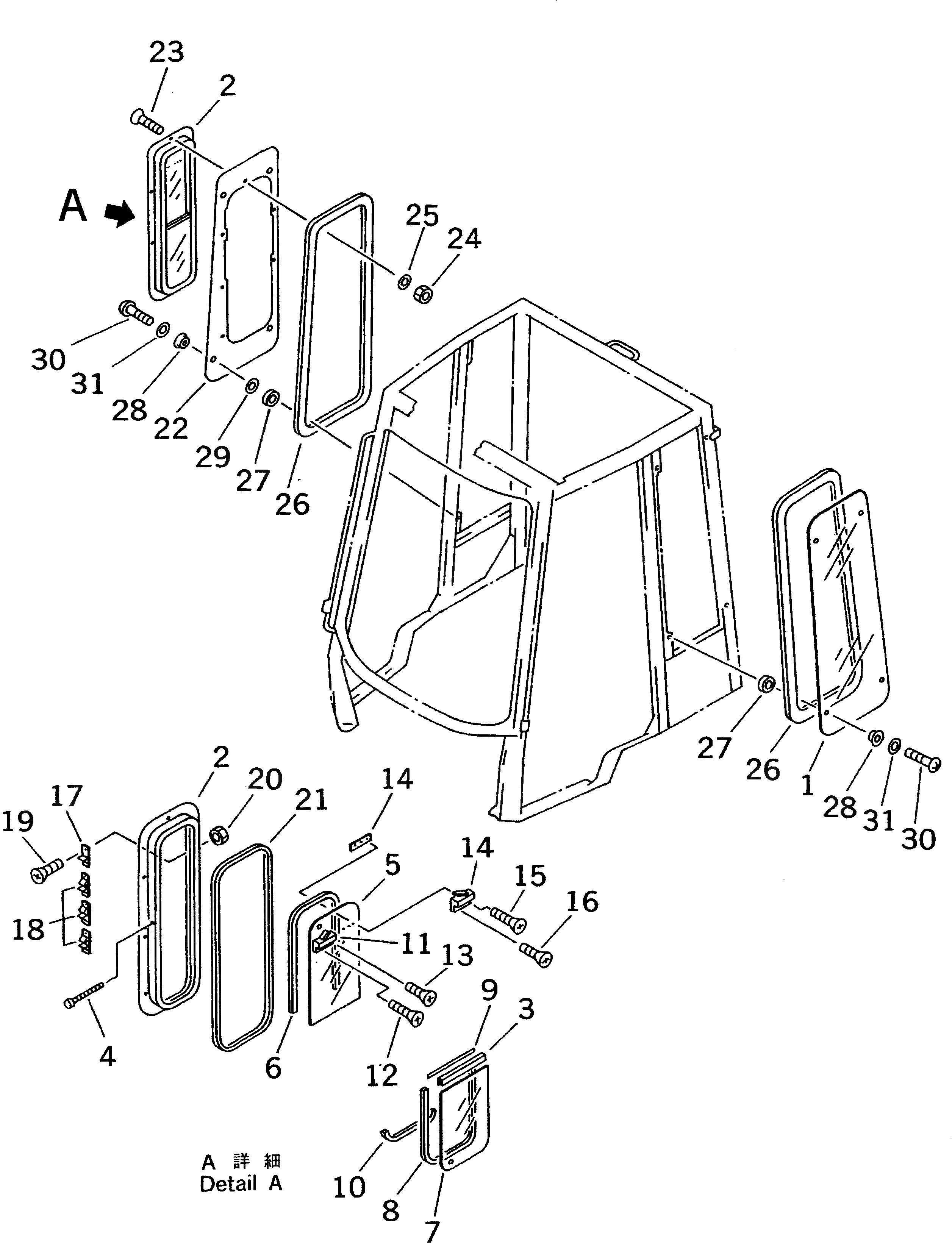 Схема запчастей Komatsu WA50-3-X - КАБИНА (/7) (БОКОВ. ОКНА)(№-9) КАБИНА ОПЕРАТОРА И СИСТЕМА УПРАВЛЕНИЯ