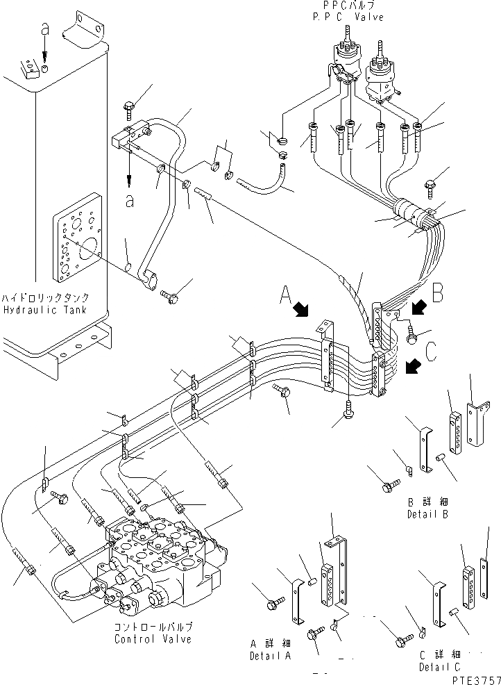 Схема запчастей Komatsu WA500-3 - ГИДРАВЛ ЛИНИЯ (P.P.C. КЛАПАН - УПРАВЛЯЮЩ. КЛАПАН И ВОЗВРАТН. ЛИНИЯ) (С 3-Х СЕКЦИОНН. КЛАПАН)(№-) ГИДРАВЛИКА