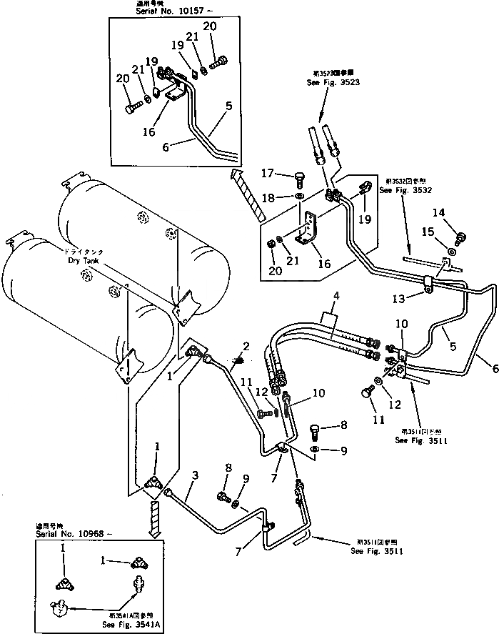 Схема запчастей Komatsu WA500-1 - ВОЗДУХОВОД (СУХ. БАК - КЛАПАН ПЕДАЛИ) (/)(№-9999) ВЕДУЩ. ВАЛ¤ ДИФФЕРЕНЦ. И КОЛЕСА