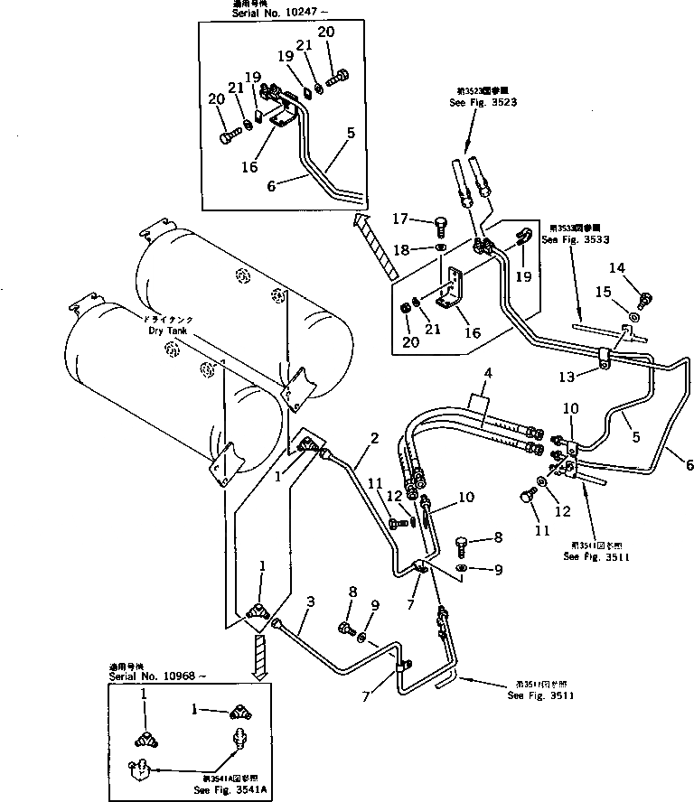 Схема запчастей Komatsu WA500-1 - ВОЗДУХОВОД (СУХ. БАК - КЛАПАН ПЕДАЛИ) (/) (СПЕЦ-Я TBG)(№-9999) ВЕДУЩ. ВАЛ¤ ДИФФЕРЕНЦ. И КОЛЕСА