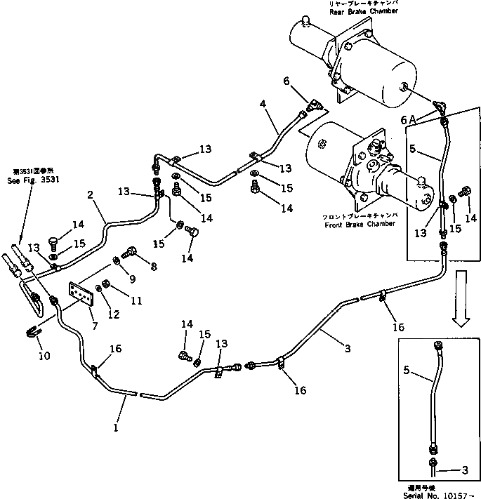 Схема запчастей Komatsu WA500-1 - ВОЗДУХОВОД (КЛАПАН ПЕДАЛИ - ТОРМОЗ. КАМЕРА) (/)(№-9999) ВЕДУЩ. ВАЛ¤ ДИФФЕРЕНЦ. И КОЛЕСА