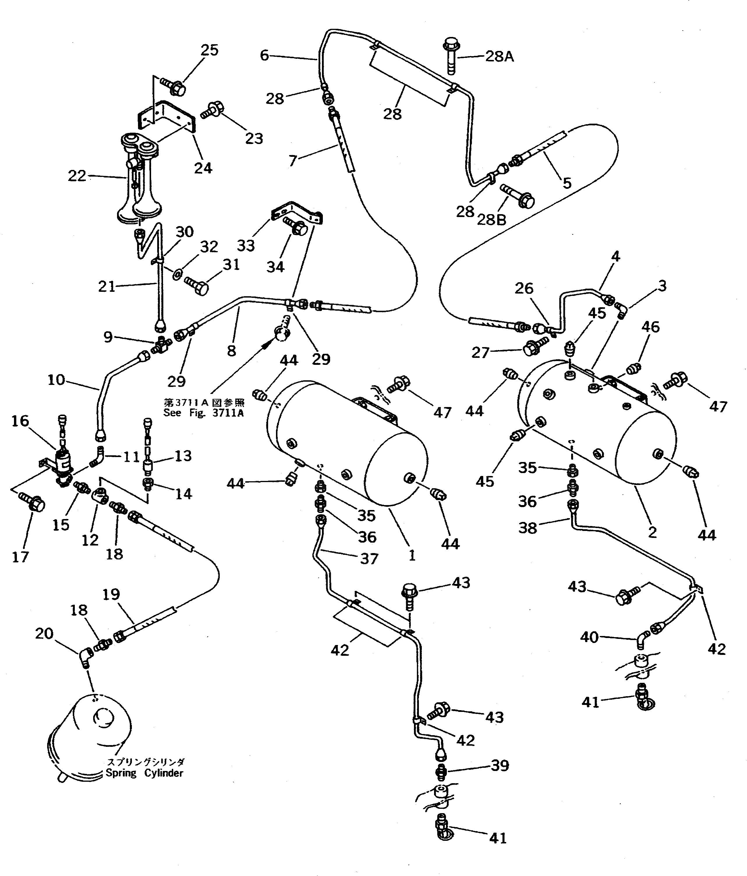 Схема запчастей Komatsu WA500-1 - ВОЗДУХОВОД (СУХ. БАК - СТОЯНОЧНЫЙ ТОРМОЗ)(№-) ВЕДУЩ. ВАЛ¤ ДИФФЕРЕНЦ. И КОЛЕСА