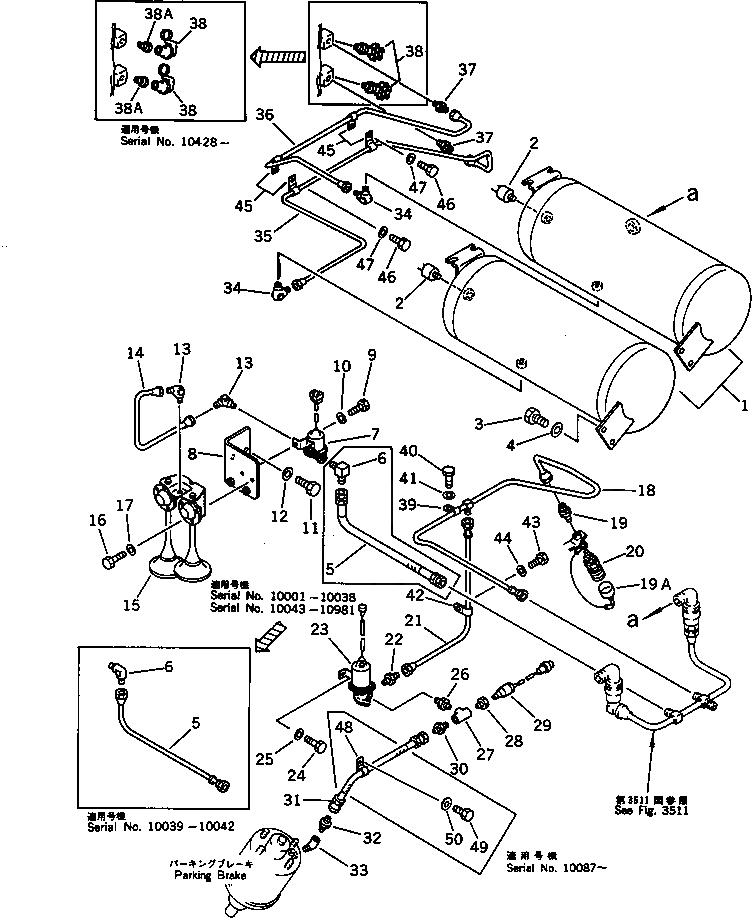 Схема запчастей Komatsu WA500-1 - ВОЗДУХОВОД (СУХ. БАК - СТОЯНОЧНЫЙ ТОРМОЗ) (СПЕЦ-Я TBG)(№-98) ВЕДУЩ. ВАЛ¤ ДИФФЕРЕНЦ. И КОЛЕСА