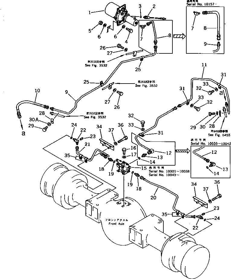Схема запчастей Komatsu WA500-1 - ТОРМОЗ. МАСЛОПРОВОДЯЩАЯ ЛИНИЯ (ПЕРЕДН ТОРМОЗН. ГИДРОЛИНИЯ)(№-9999) ВЕДУЩ. ВАЛ¤ ДИФФЕРЕНЦ. И КОЛЕСА