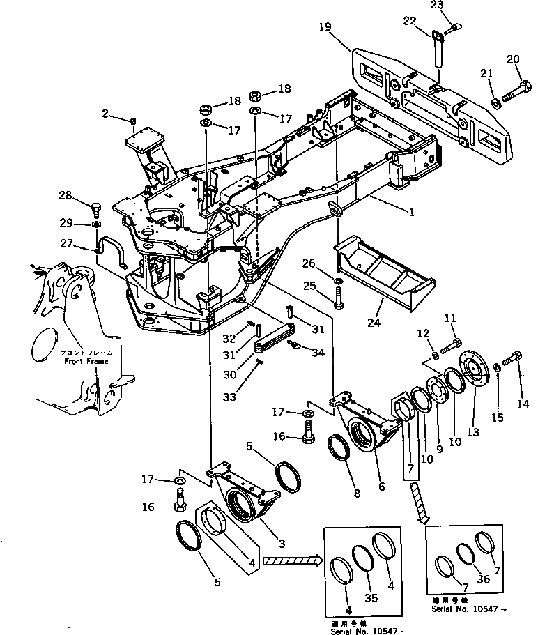 Схема запчастей Komatsu WA500-1 - ЗАДН. РАМА(№-9999) РАМА И ЧАСТИ КОРПУСА