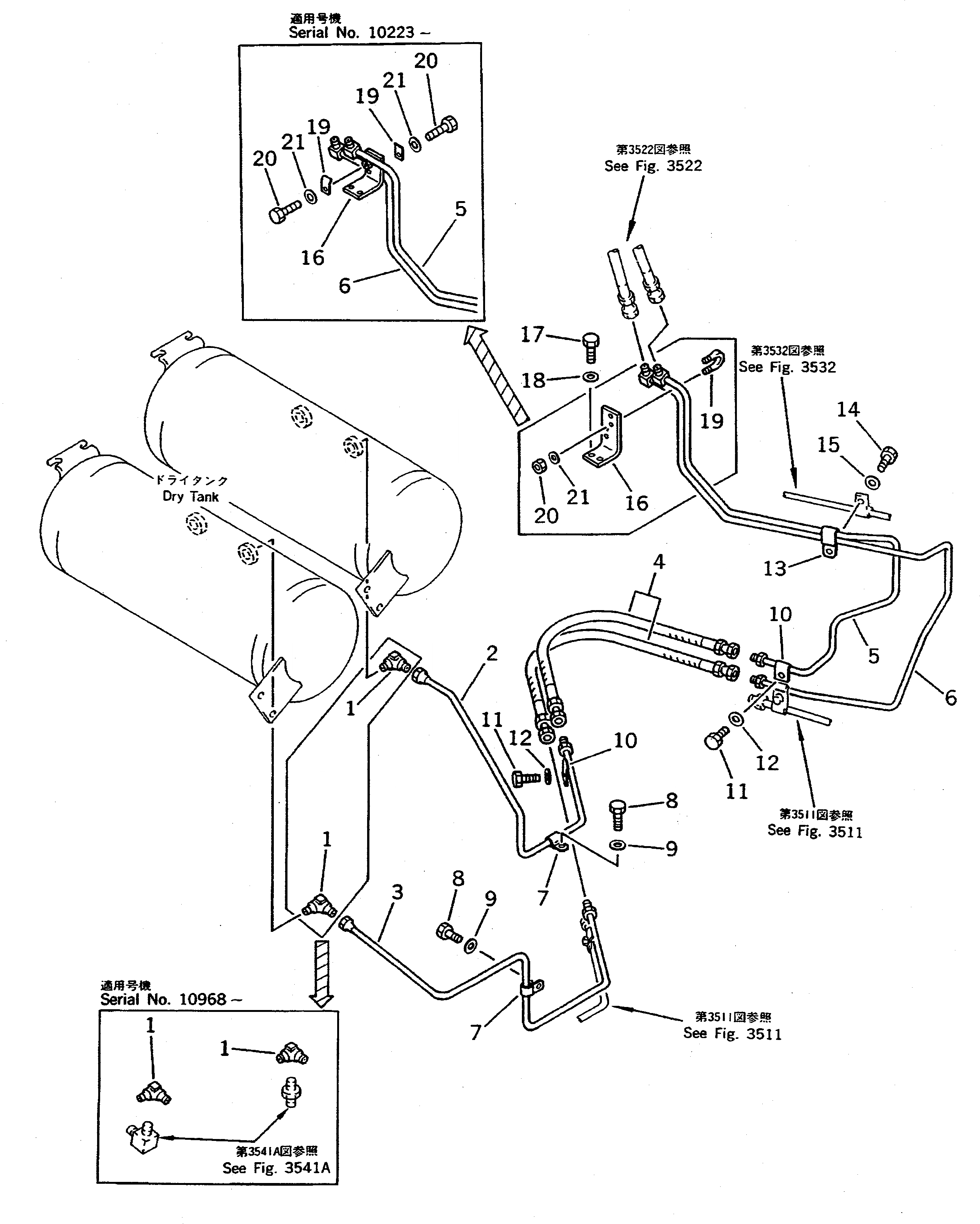 Схема запчастей Komatsu WA500-1 - ВОЗДУХОВОД (СУХ. БАК - КЛАПАН ПЕДАЛИ) (/)(№-9999) ВЕДУЩ. ВАЛ¤ ДИФФЕРЕНЦ. И КОЛЕСА