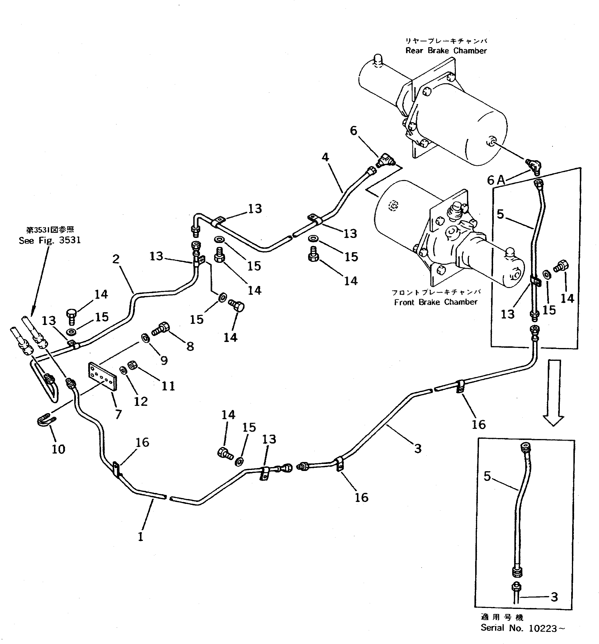Схема запчастей Komatsu WA500-1 - ВОЗДУХОВОД (КЛАПАН ПЕДАЛИ - ТОРМОЗ. КАМЕРА) (/)(№-9999) ВЕДУЩ. ВАЛ¤ ДИФФЕРЕНЦ. И КОЛЕСА