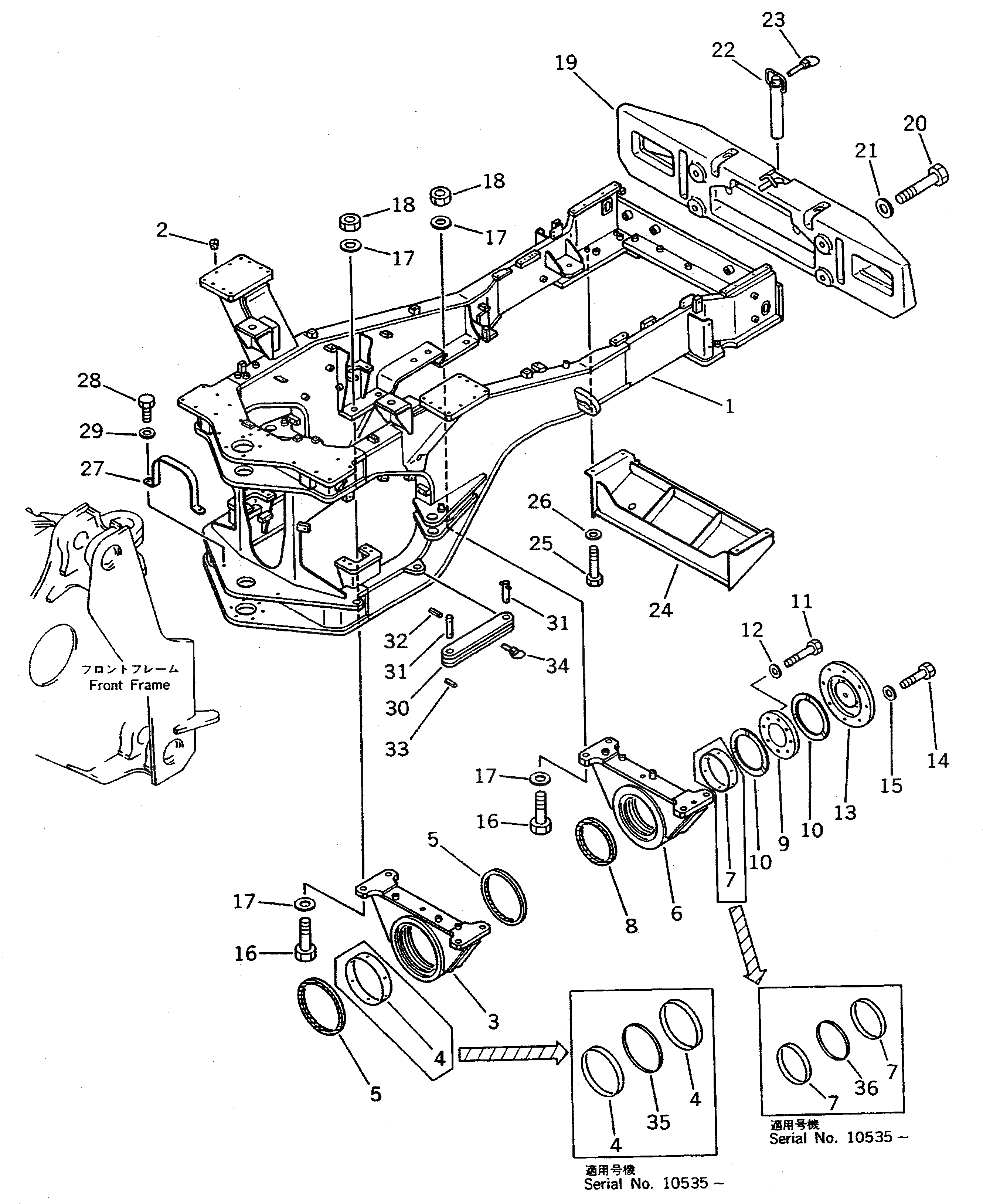 Схема запчастей Komatsu WA500-1 - ЗАДН. РАМА(№-9999) РАМА И ЧАСТИ КОРПУСА