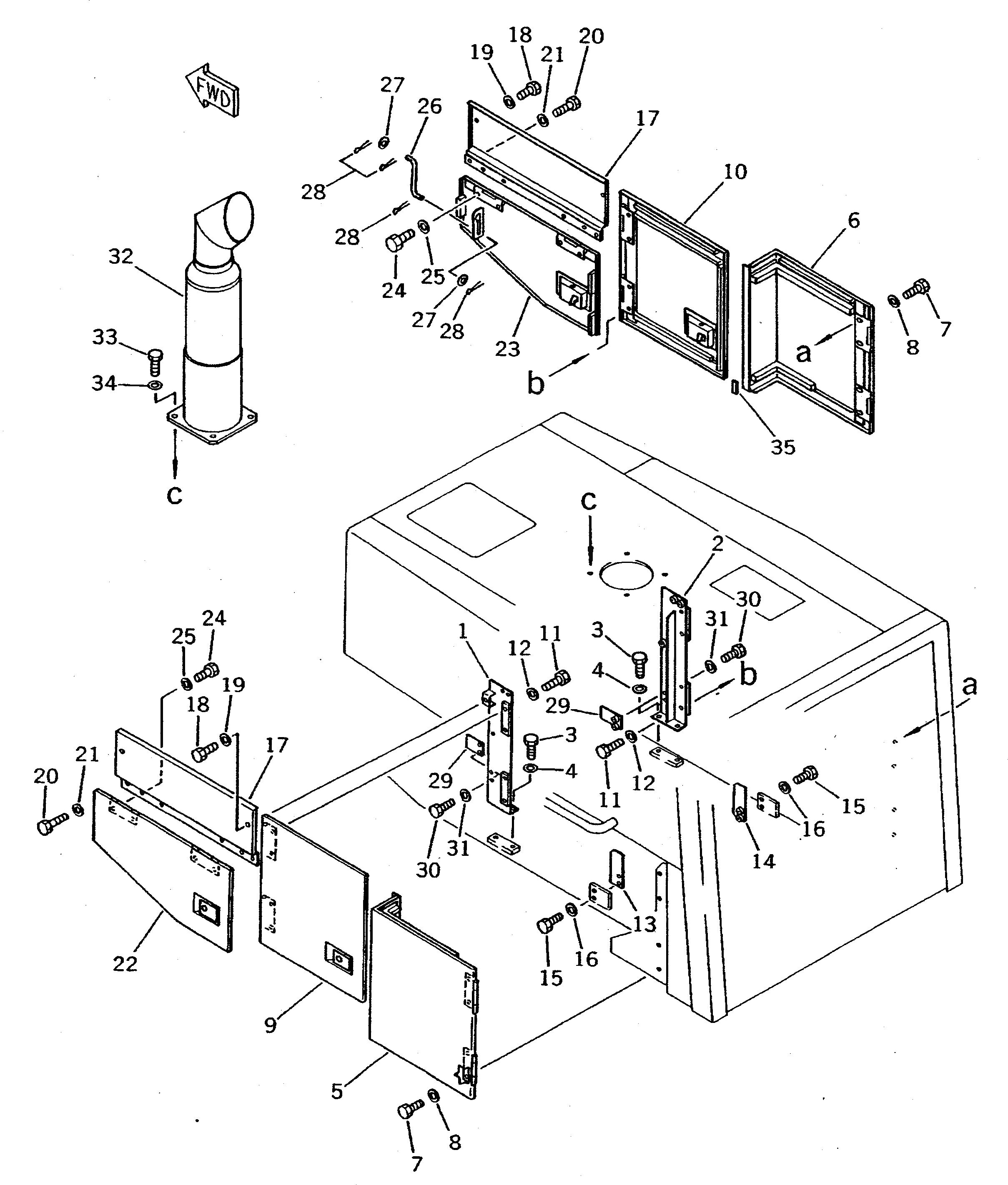 Схема запчастей Komatsu WA500-1 - БОКОВ. КРЫШКА ДВИГ.(№-9999) РАМА И ЧАСТИ КОРПУСА