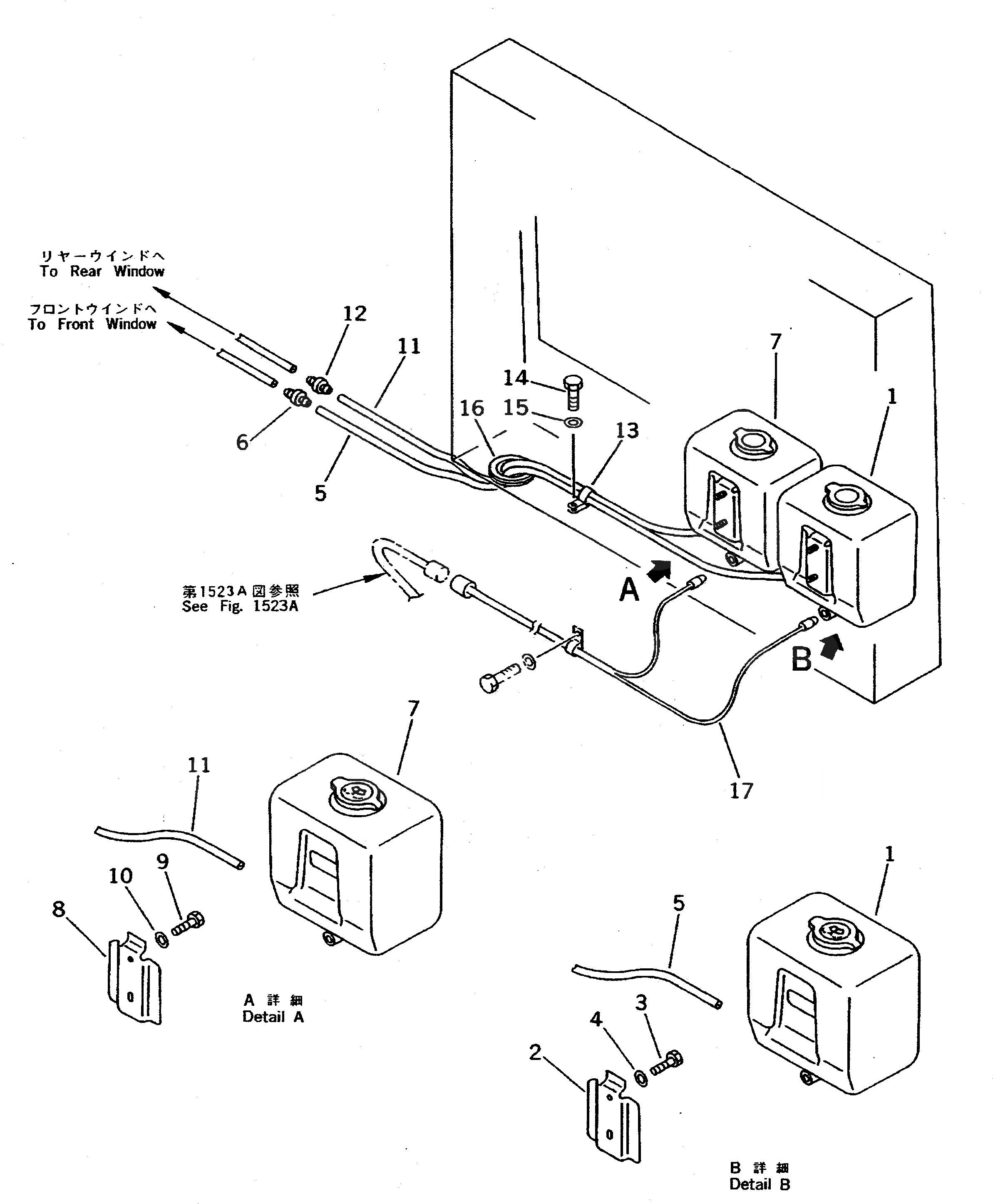 Схема запчастей Komatsu WA500-1 - ОМЫВАТЕЛЬ СТЕКЛА(№-) РАМА И ЧАСТИ КОРПУСА