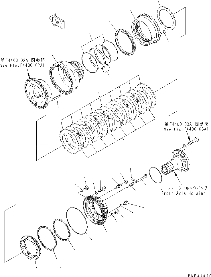 Схема запчастей Komatsu WA500-3 - ПЕРЕДНИЙ МОСТ (КОЛЕСН. ТОРМОЗ) (С АНТИПРОСКАЛЬЗЫВАЮЩ. ДИФФЕРЕНЦИАЛОМ МОСТА) ГИДРОТРАНСФОРМАТОР И ТРАНСМИССИЯ