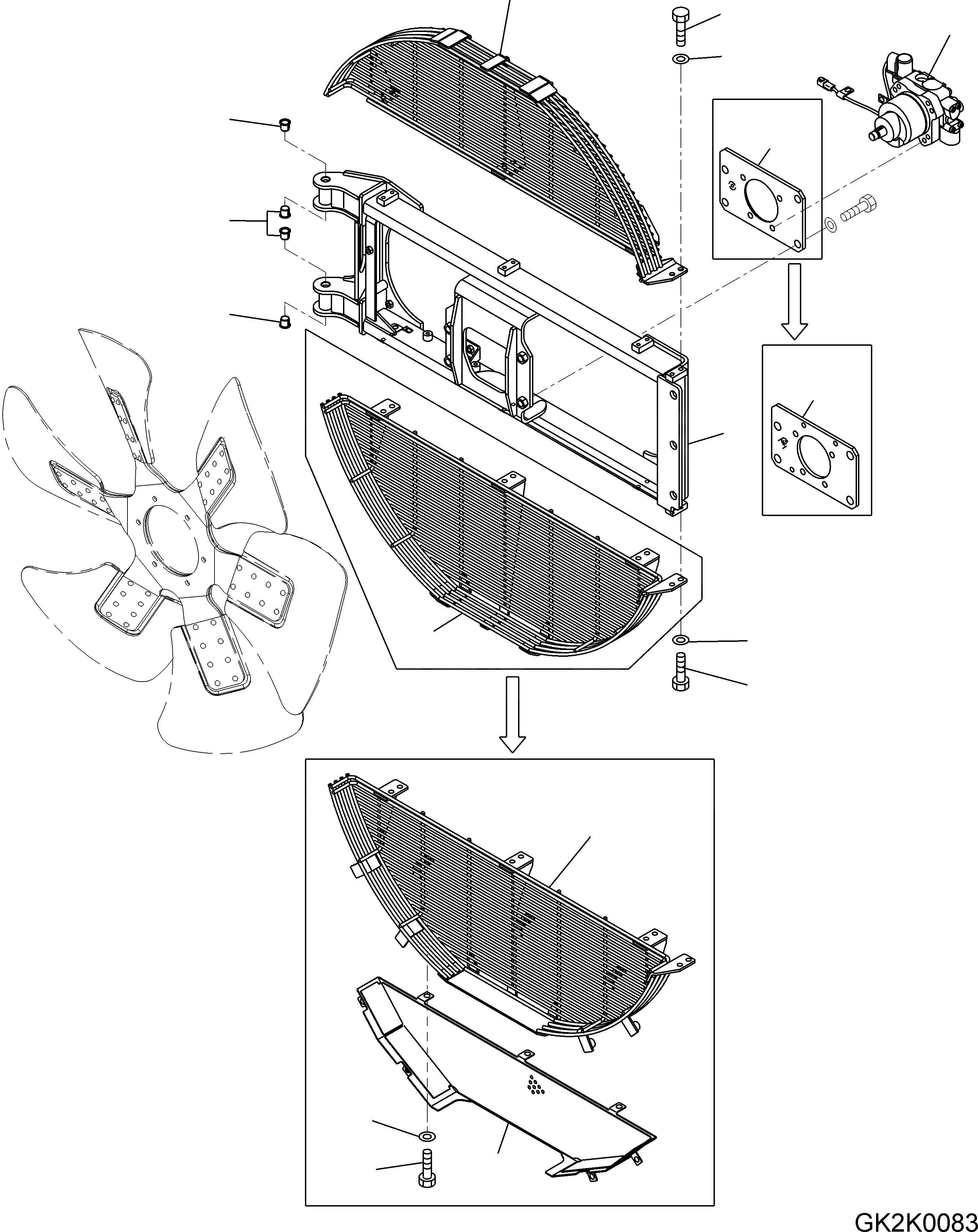 Схема запчастей Komatsu WA500-6 - ЗАЩИТА РАДИАТОРА (ЗАЩИТА ВЕНТИЛЯТОРА И МОТОР ВЕНТИЛЯТОРА) M ЧАСТИ КОРПУСАS И КРЫШКИ