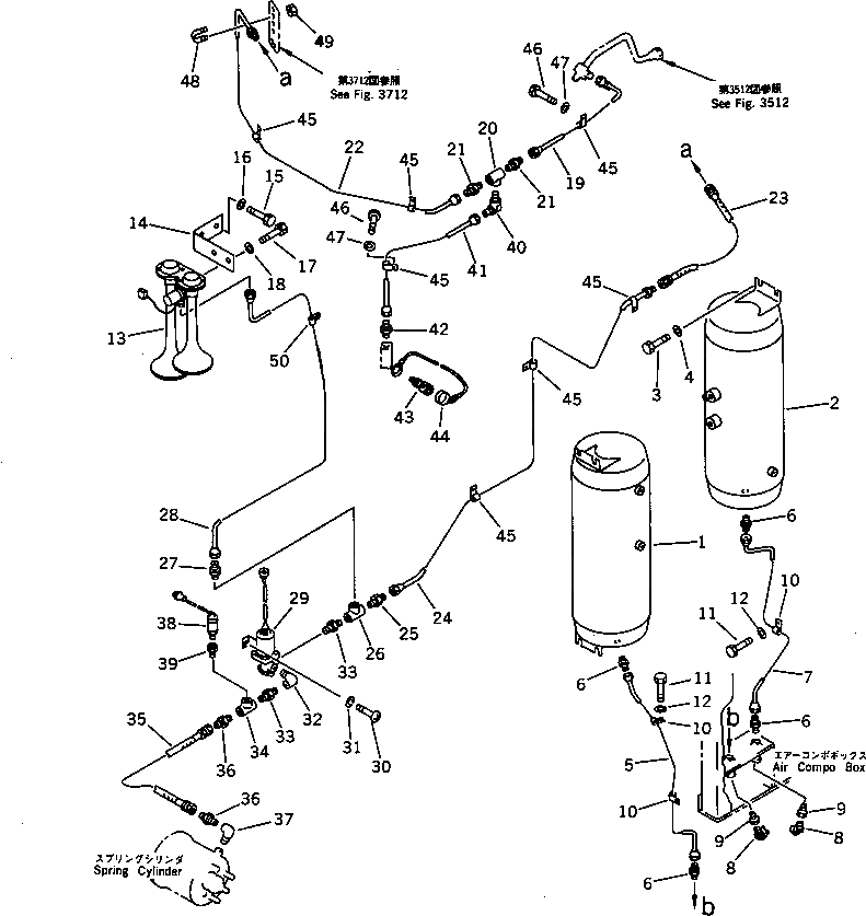 Схема запчастей Komatsu WA600-1 - ВОЗДУХОВОД (СУХ. БАК - СТОЯНОЧНЫЙ ТОРМОЗ И ЗВУК. СИГНАЛ.) (СПЕЦ-Я TBG)(№.-) ВЕДУЩ. ВАЛ¤ ДИФФЕРЕНЦ. И КОЛЕСА