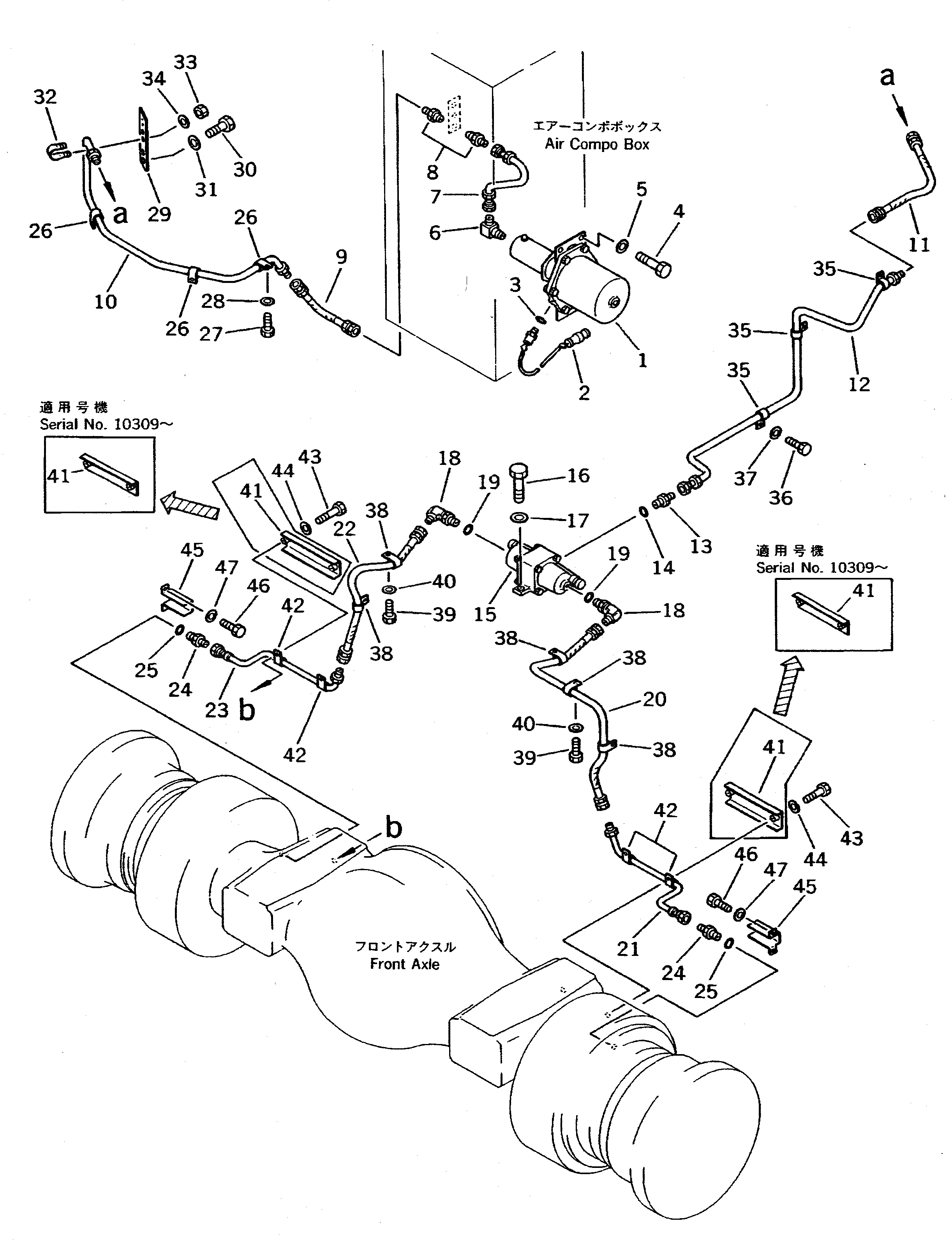 Схема запчастей Komatsu WA600-1 - ТОРМОЗ. МАСЛОПРОВОДЯЩАЯ ЛИНИЯ (КАМЕРА - ПЕРЕДНИЕ ТОРМОЗА) ВЕДУЩ. ВАЛ¤ ДИФФЕРЕНЦ. И КОЛЕСА