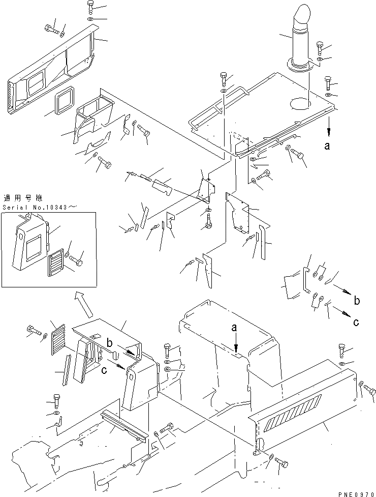 Схема запчастей Komatsu WA600-1 - КАПОТ(№98-) РАМА И ЧАСТИ КОРПУСА
