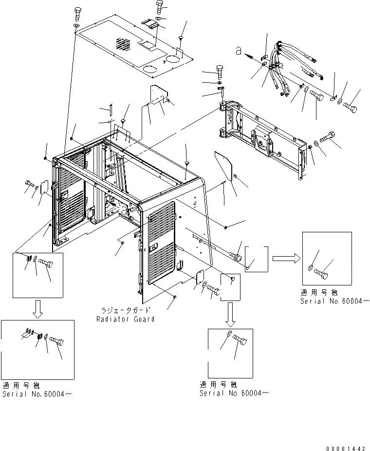 Схема запчастей Komatsu WA600-6 - КАПОТ (МОТОР ВЕНТИЛЯТОРА СУППОРТ ЭЛЕМЕНТЫ КРЕПЛЕНИЯ)(№-) ЧАСТИ КОРПУСА