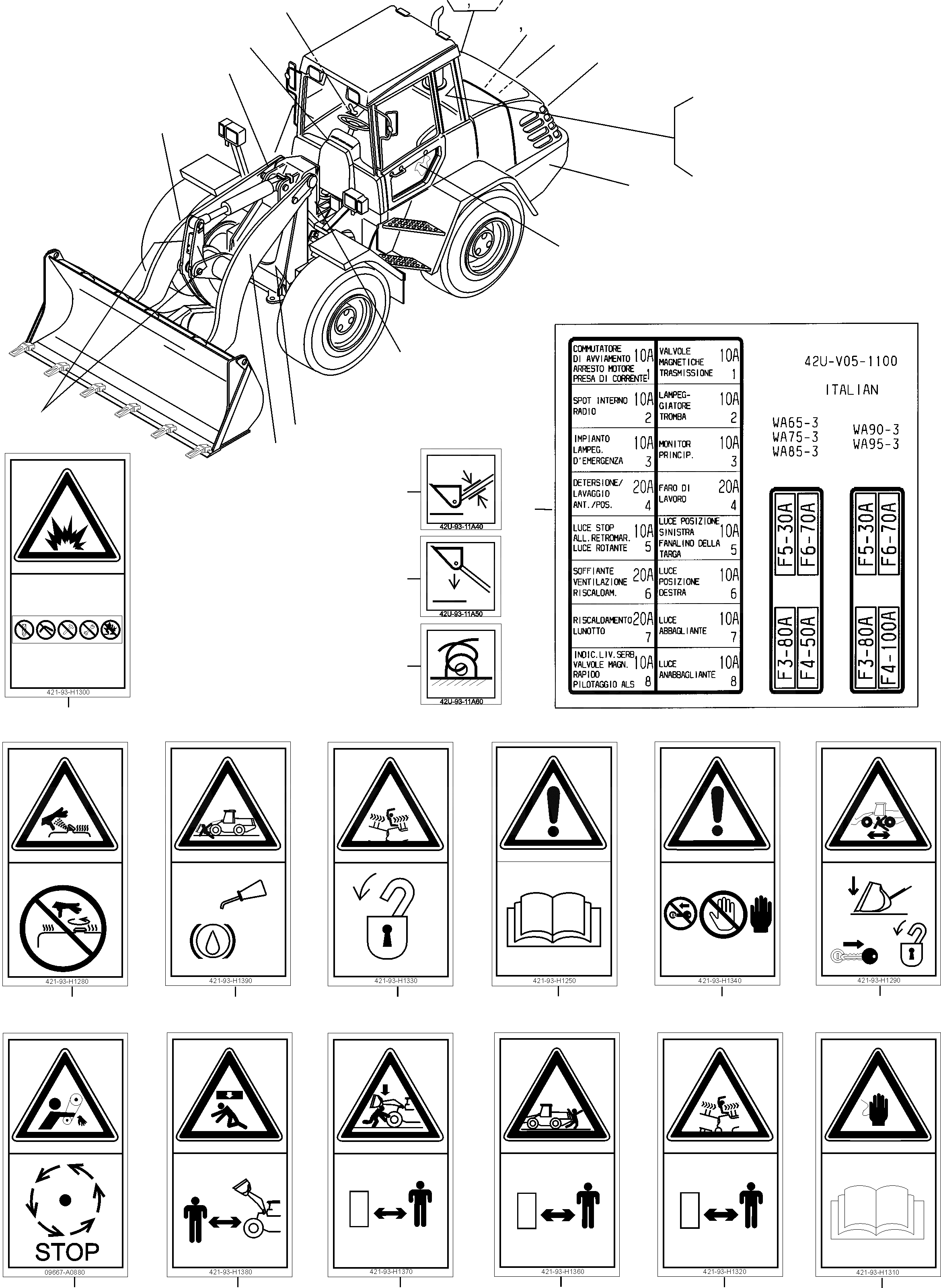 Схема запчастей Komatsu WA65PT-3 HA050075 - HA0500108 - ТАБЛИЧКИS, ИТАЛИЯ ИНСТРУМЕНТ, АКСЕССУАРЫ, БУКВЕНН.