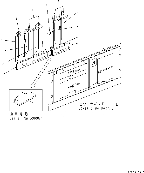 Схема запчастей Komatsu WA700-3 - КАПОТ (НИЖН.  ДВЕРЬ ЛЕВ. ЩИТКИ) (СПЕЦ-Я TBG)(№-) ЧАСТИ КОРПУСА