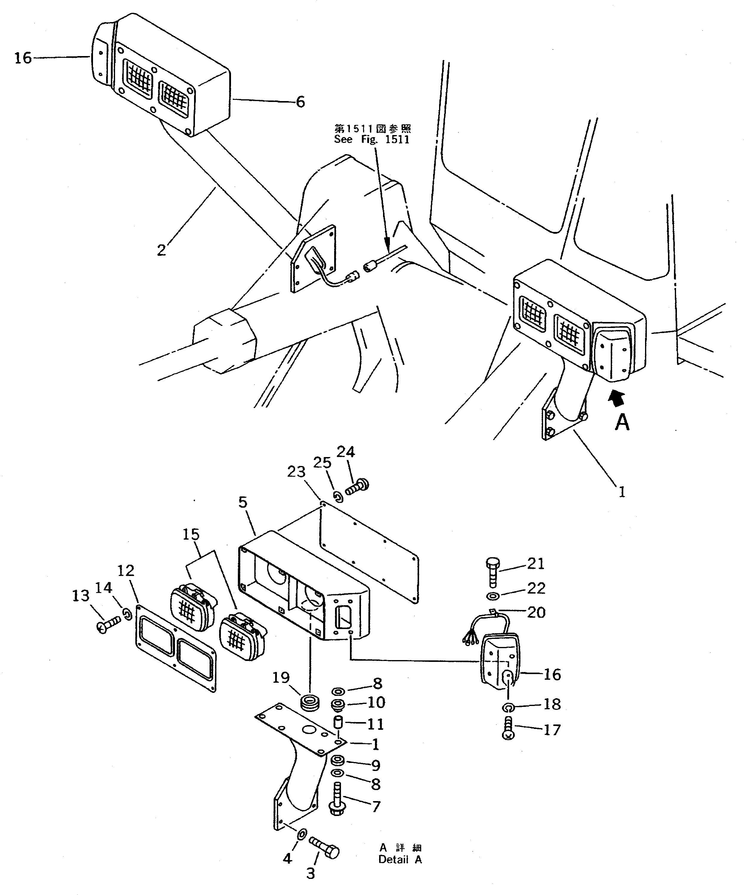 Схема запчастей Komatsu WA700-1 - ЭЛЕКТРИКА (ПЕРЕДН. ОСВЕЩЕНИЕ) (ДЛЯ ДОПОЛН. ГОЛОВНОЕ ОСВЕЩЕНИЕ) КОМПОНЕНТЫ ДВИГАТЕЛЯ И ЭЛЕКТРИКА