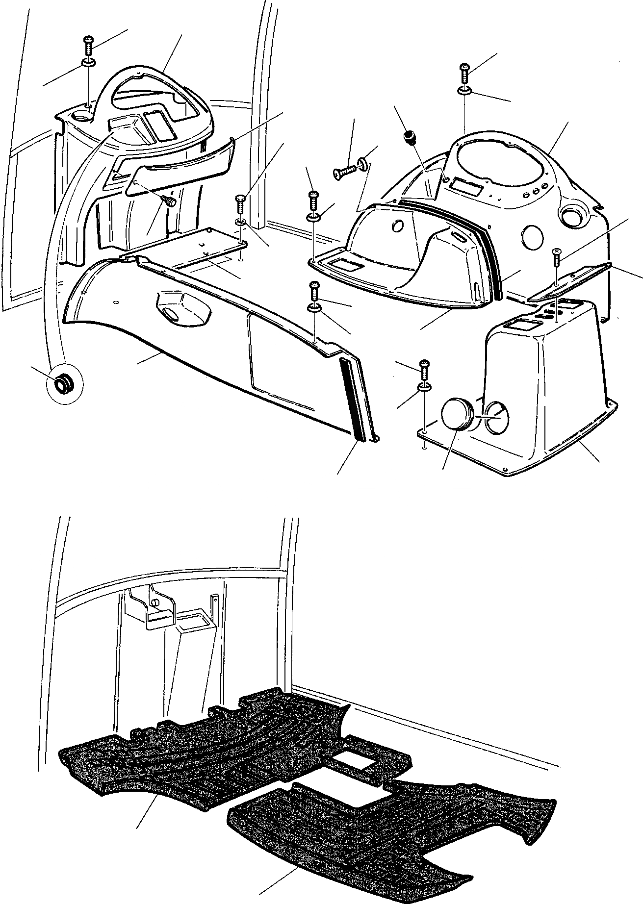 Схема запчастей Komatsu WB93R-2 - ПРИБОРНАЯ ПАНЕЛЬ, ПОКРЫТИЕ ПОЛА(КАБИНА) ЧАСТИ КОРПУСА И КАБИНА