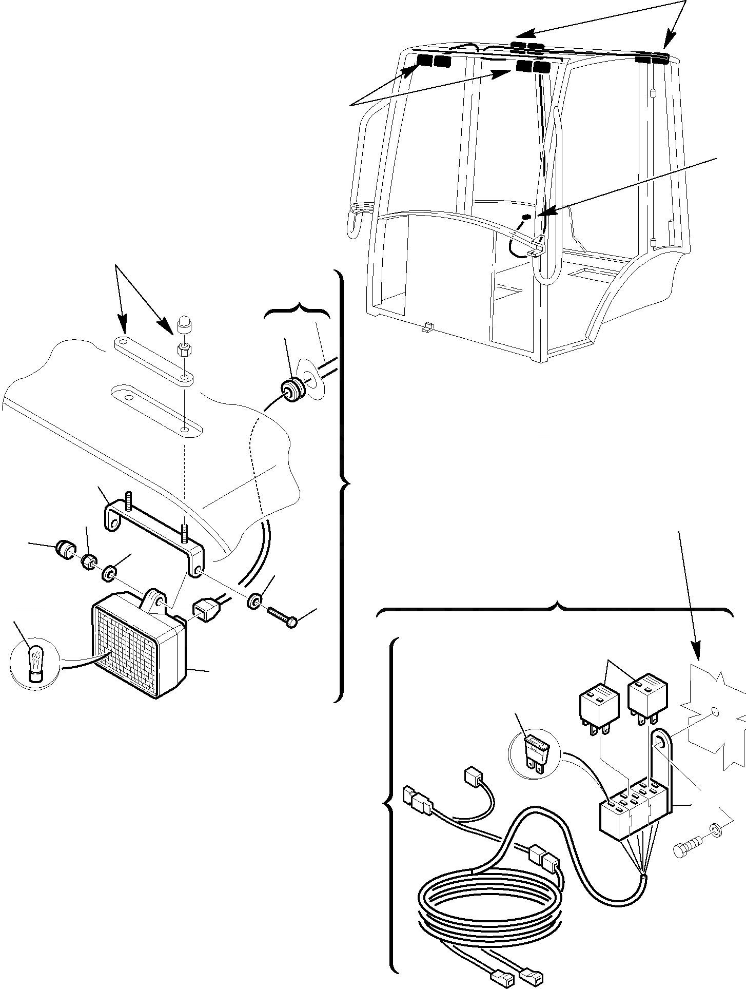 Схема запчастей Komatsu WB97R-2 - ДОПОЛН. РАБОЧ. ОСВЕЩЕНИЕ (ОПЦИОНН.) ЧАСТИ КОРПУСА И КАБИНА