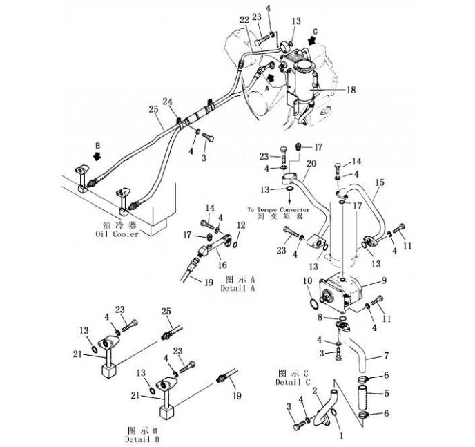Схема запчастей Shantui SD13-130 - трубопровод трансмиссии гидротрансформатор, трансмиссия и трубопровод