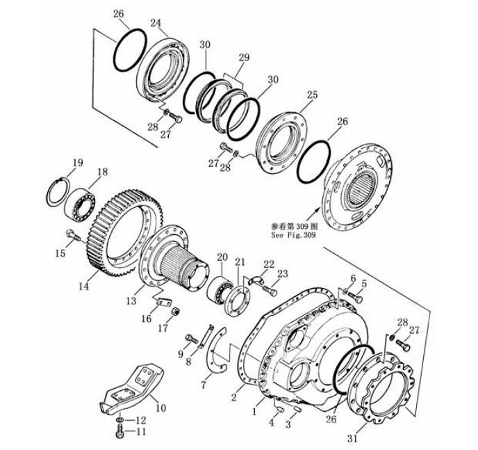 Схема запчастей Shantui SD22-220 - картер конечной передачи и шестерня коробка рулевого механизма и конечная передача