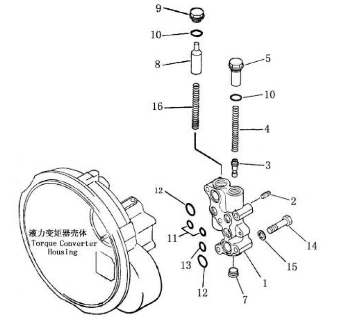 Схема запчастей Shantui SD16-160 - предохранительный клапан гидротрансформатора гидротрансформатор, трансмиссия и трубопровод