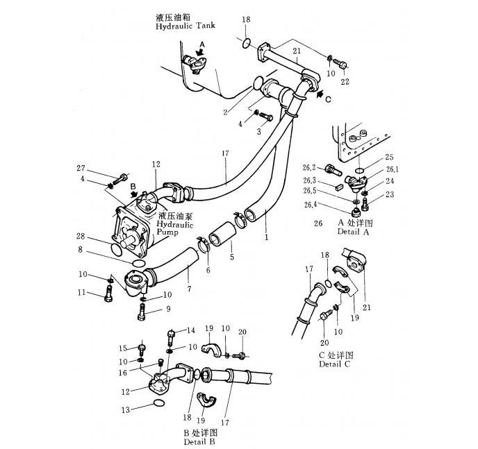 Схема запчастей Shantui SD32-320 - трубопровод насоса в сборе система управления рабочим оборудованием