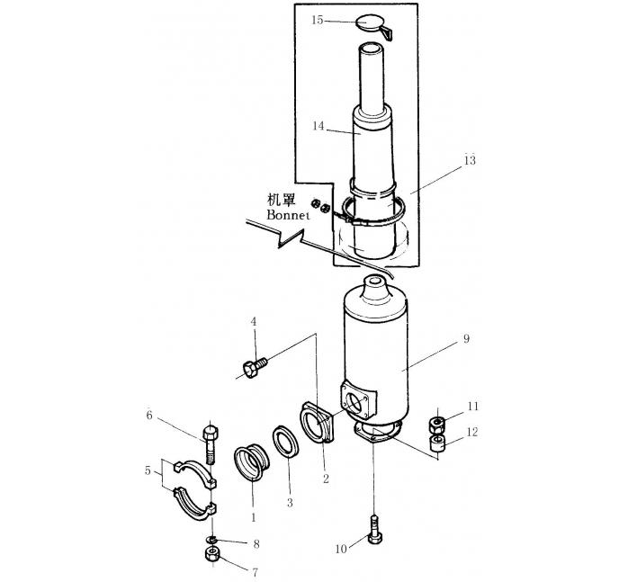 Схема запчастей Shantui SD32-320 - выхлопная труба с глушителем сопутствующие детали двигателя