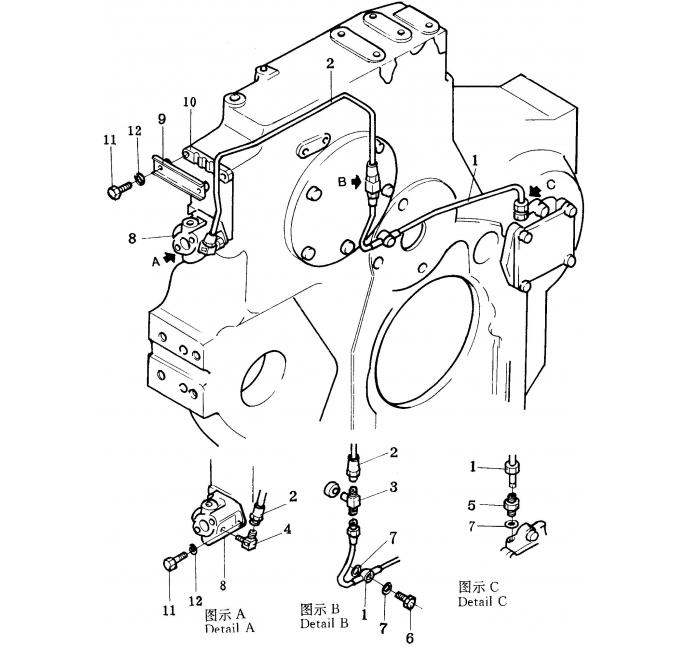 Схема запчастей Shantui SD32-320 - смазочный трубопровод механизма отбора мощности сопутствующие детали двигателя