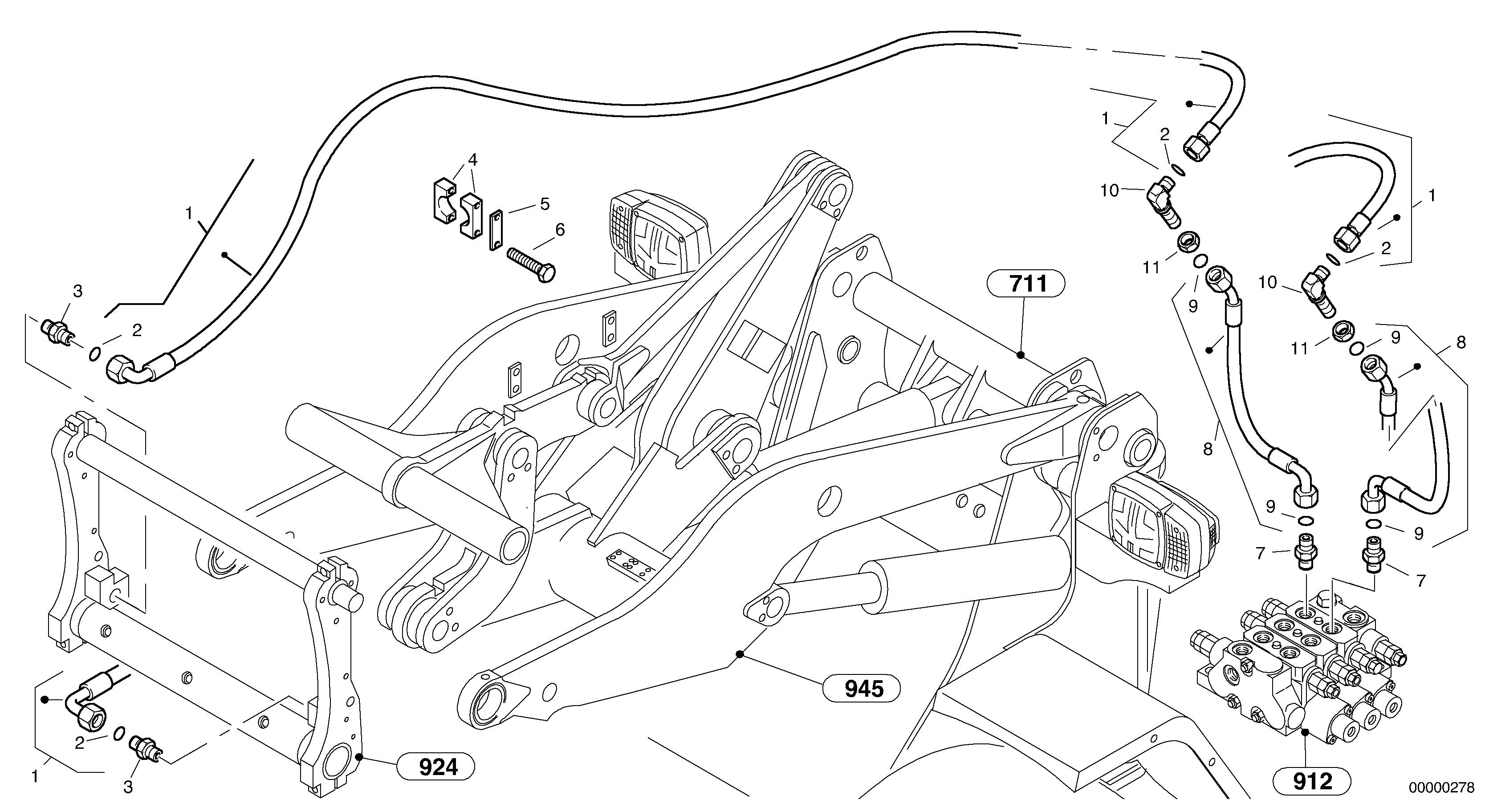 Схема запчастей Volvo L35 TYPE 186, 188, 189 SER NO - 2200 - 15575 Lines to attachment mounting plate - Tpz 
