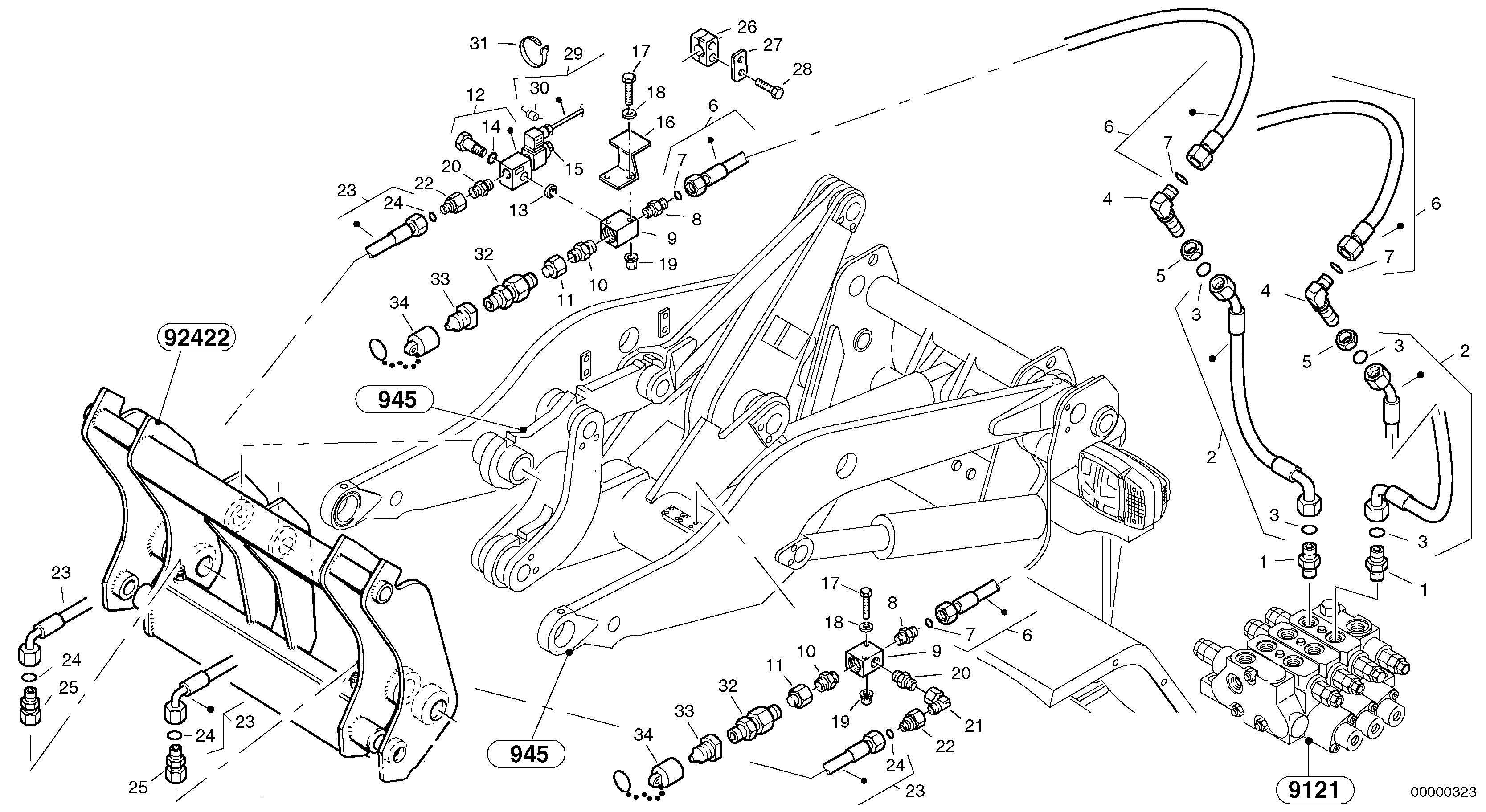 Схема запчастей Volvo L35 TYPE 186, 188, 189 SER NO - 2200 - 55261 Lines to attachment mounting plate - Tpv 