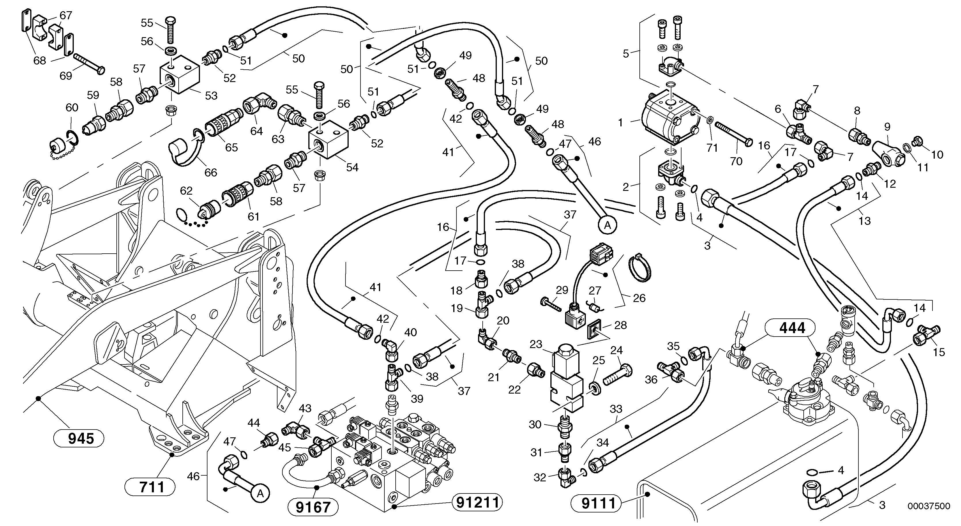 Схема запчастей Volvo L30B - 64375 Auxil. pump with lines L30B SER NO - 1803869 / 1812999 / 1822999