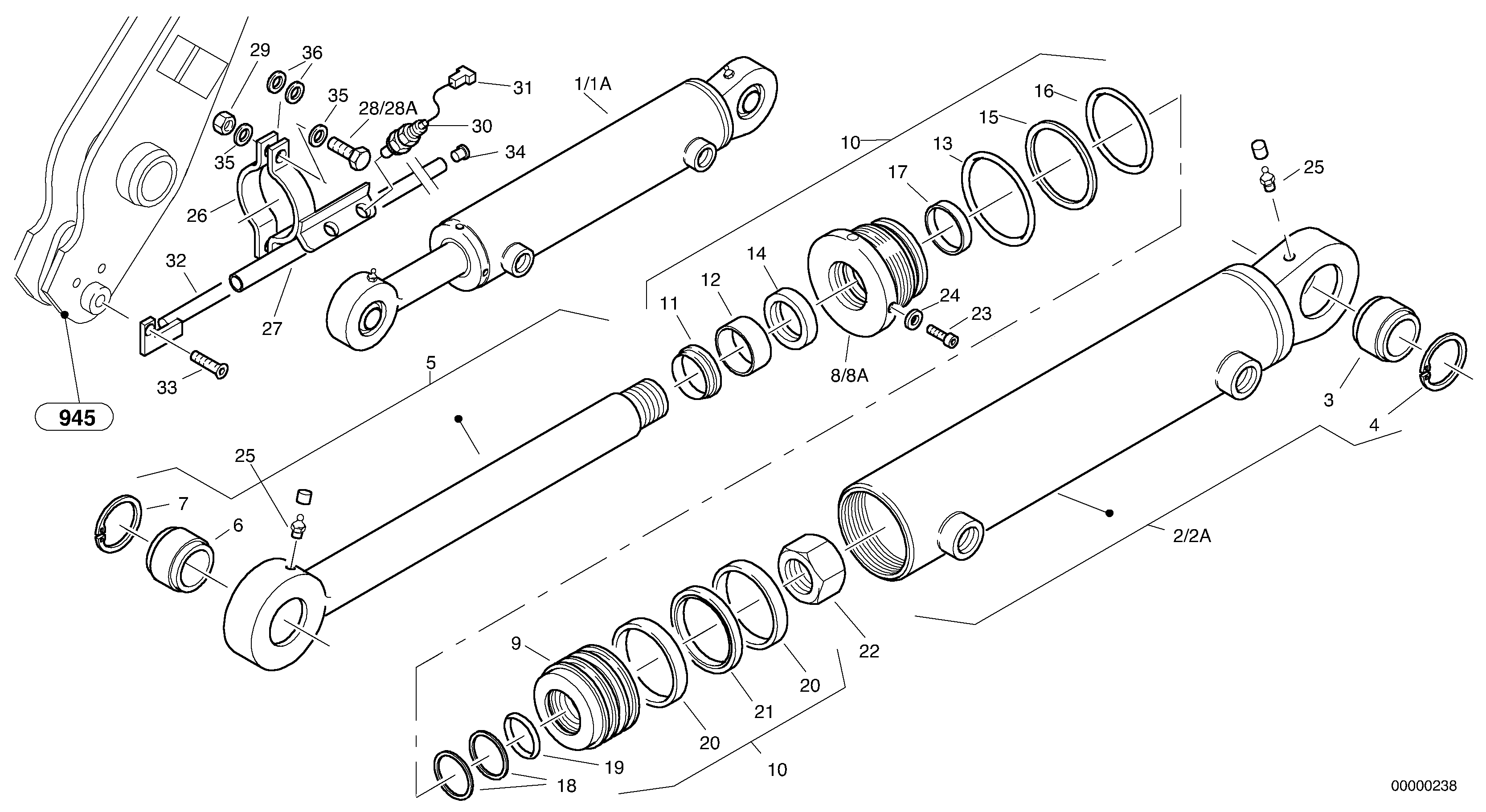 Схема запчастей Volvo L45B - 1598 Цилиндр подъема (наклона) кузова L45B TYPE 194, 195 SER NO - 1499
