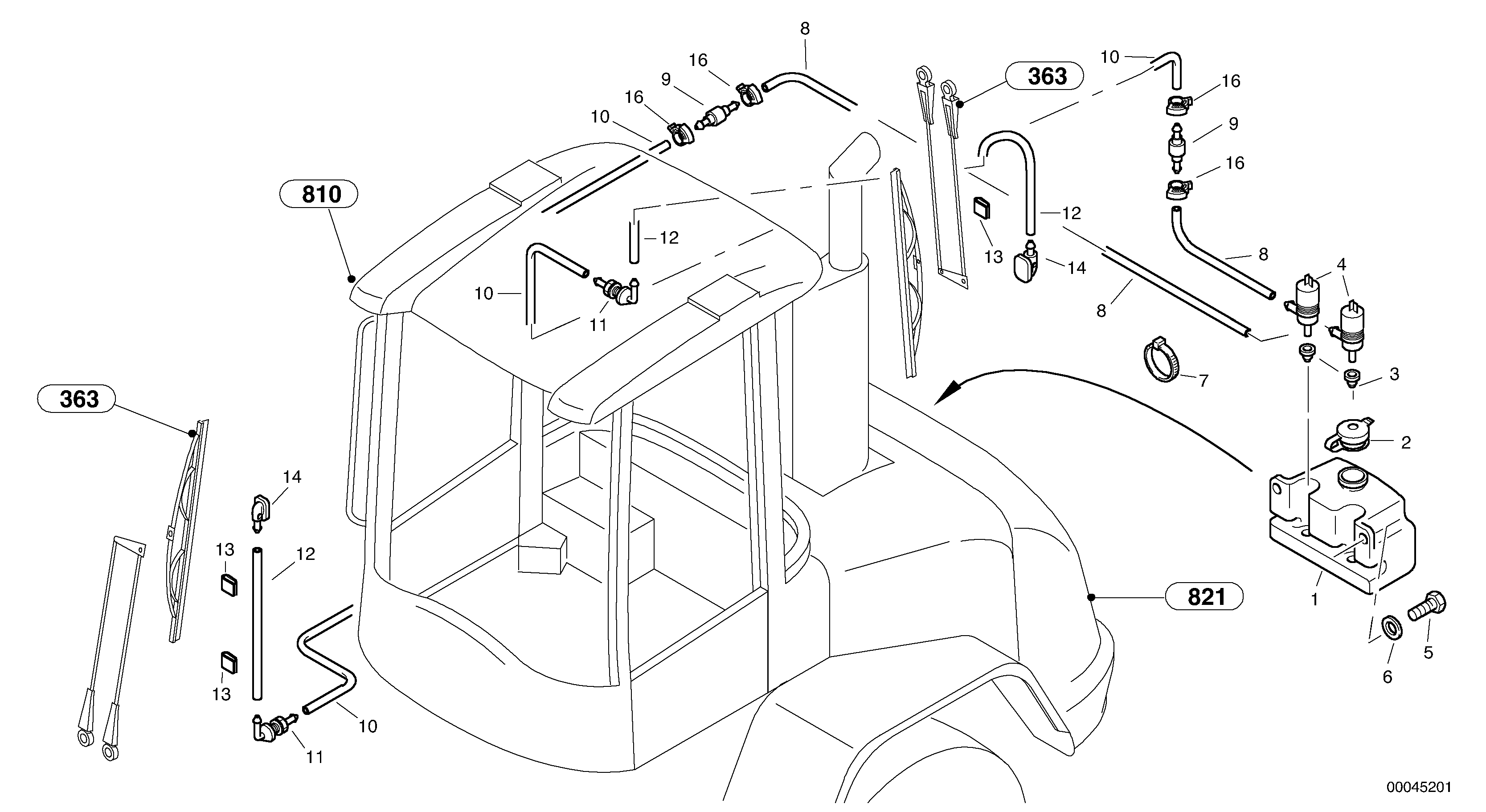 Схема запчастей Volvo L45B - 74233 Windscreen washer system L45B S/N 1941500 - S/N 1951500 -